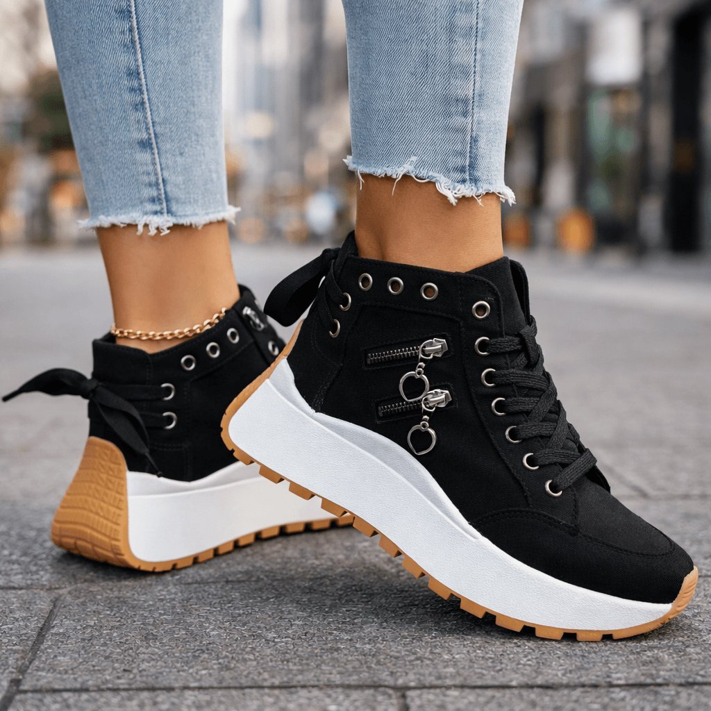 Women's Chunky Denim High-Top Platform Lace-Up Wedge Trainers