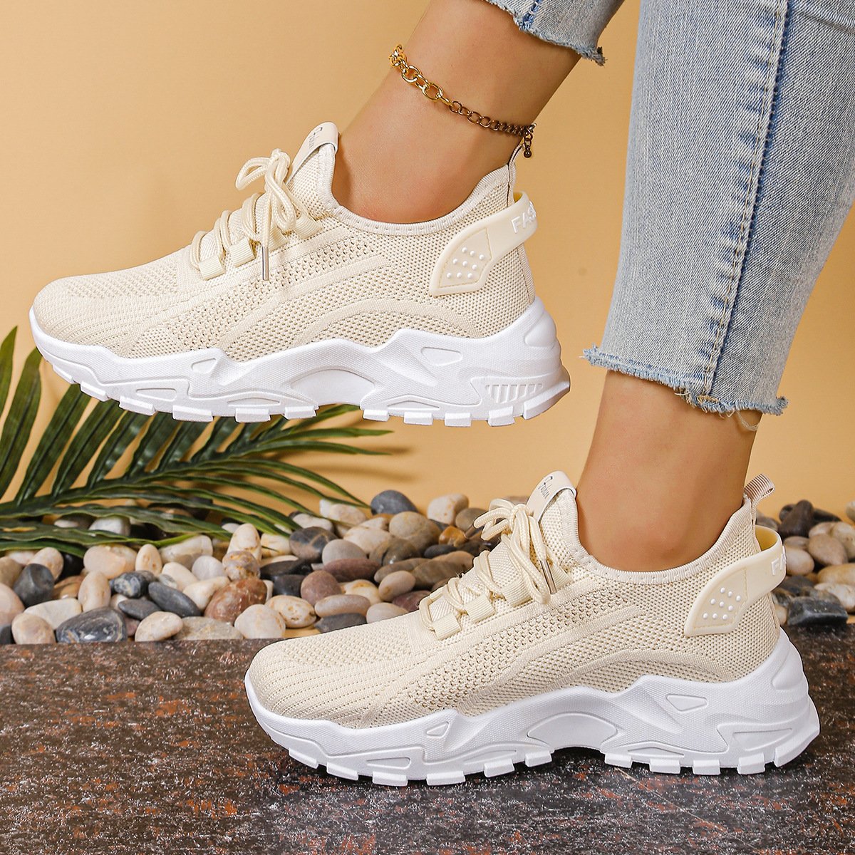 Women's Chunky Knit Platform Trainers - Khaki