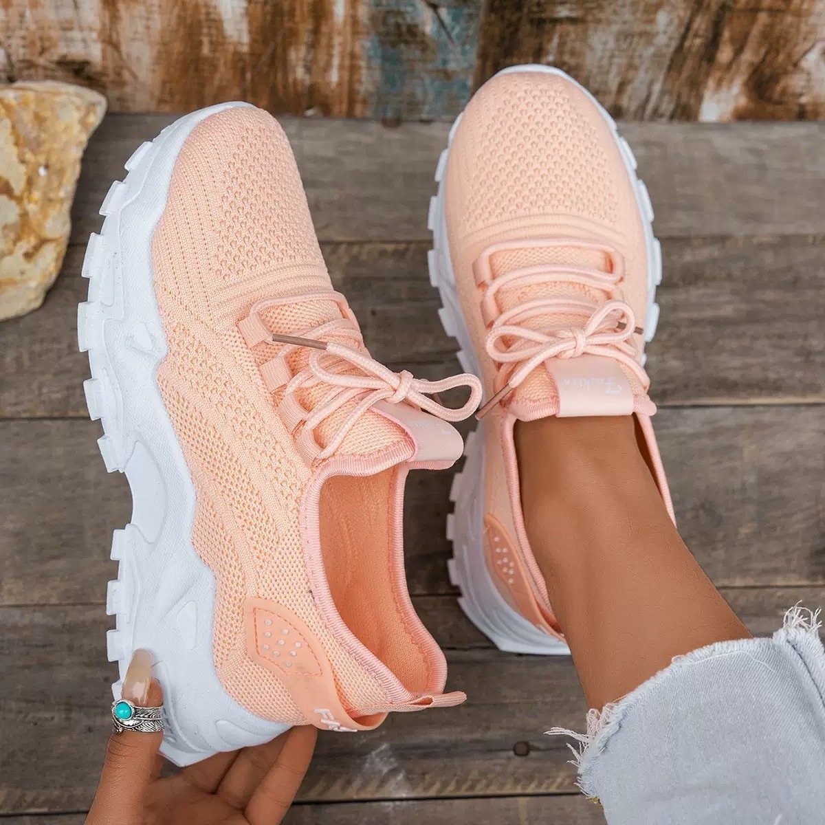 Women's Chunky Knit Platform Trainers - Peach