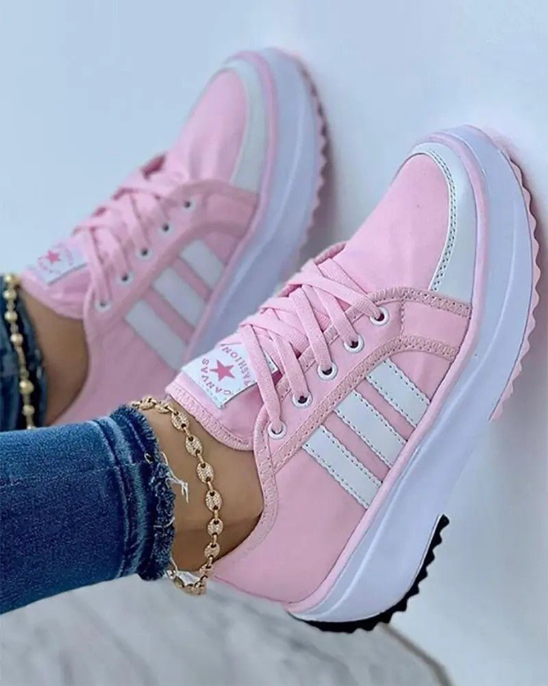 Women's Chunky Striped Platform Lace-Up Trainers - Pink