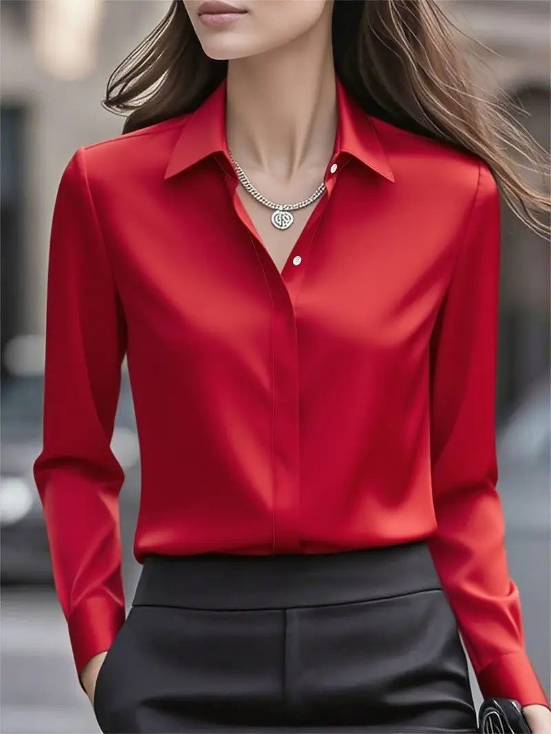 Women's Black Slim Satin Long Sleeve Blouse - Red