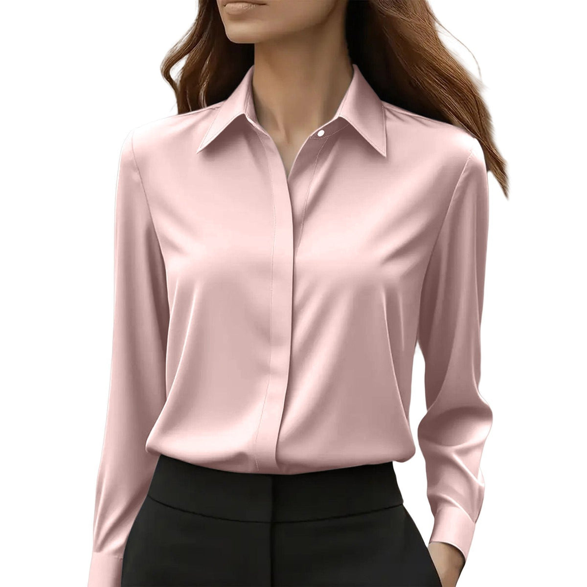 Women's Black Slim Satin Long Sleeve Blouse - Pink