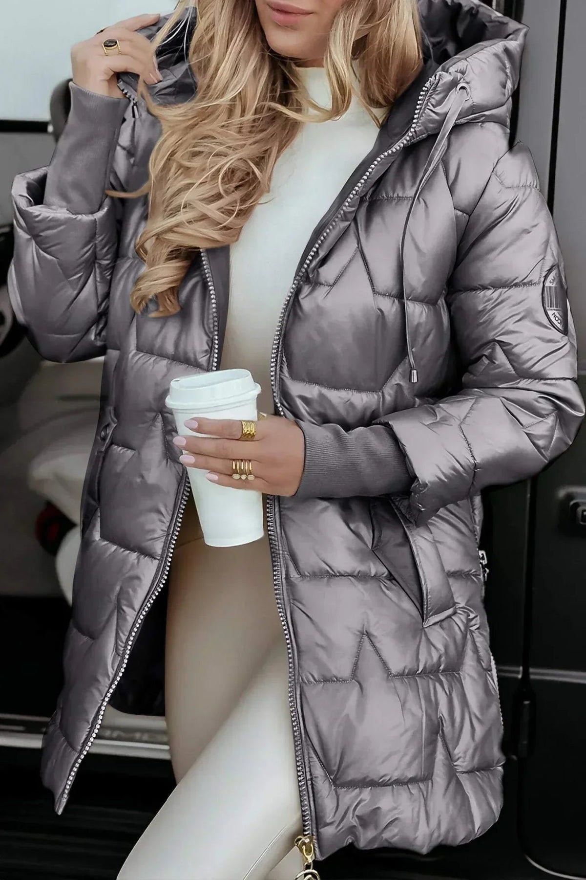 Women's Longline Hooded Puffer Coat - Gray
