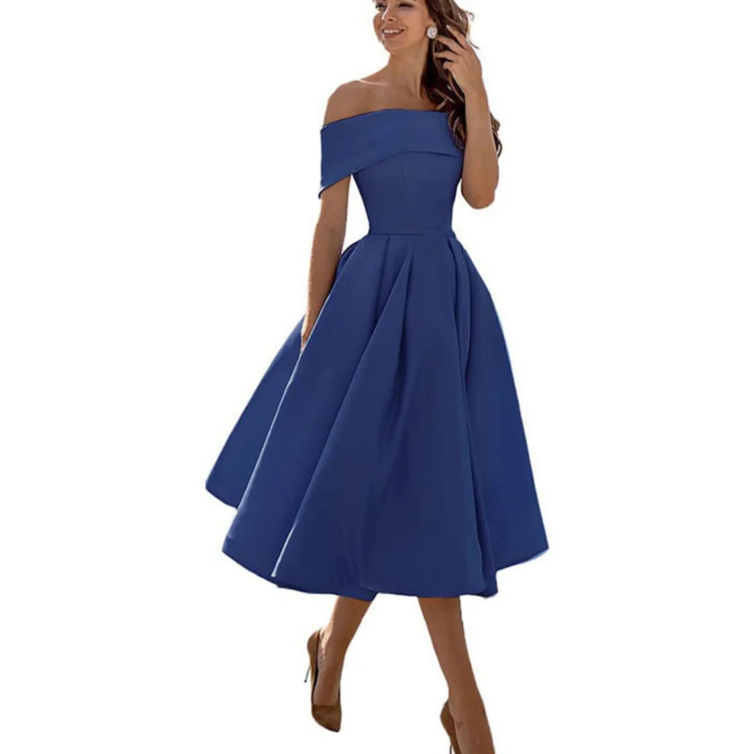 Women's Satin Off-Shoulder Midi Party Dress - Dark Blue