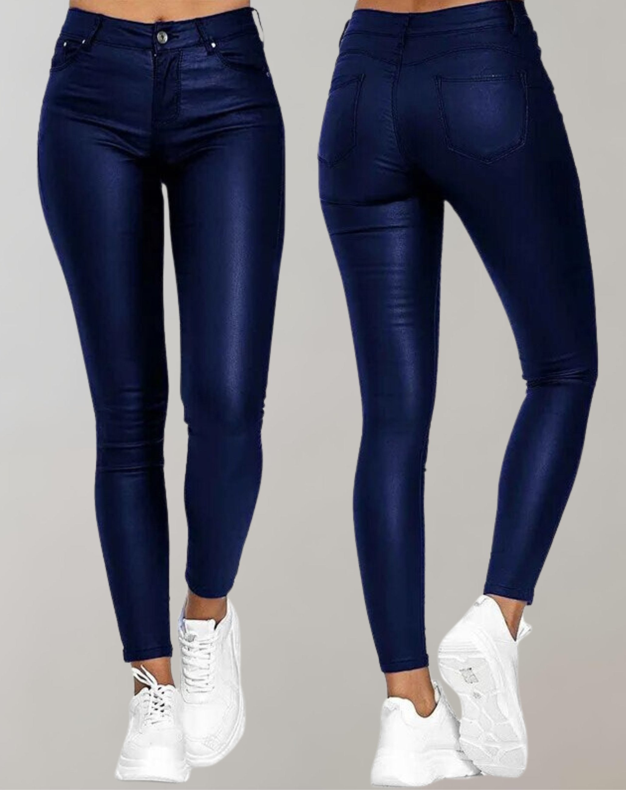 Women's Faux Leather Skinny High-Waisted Trousers - Blue