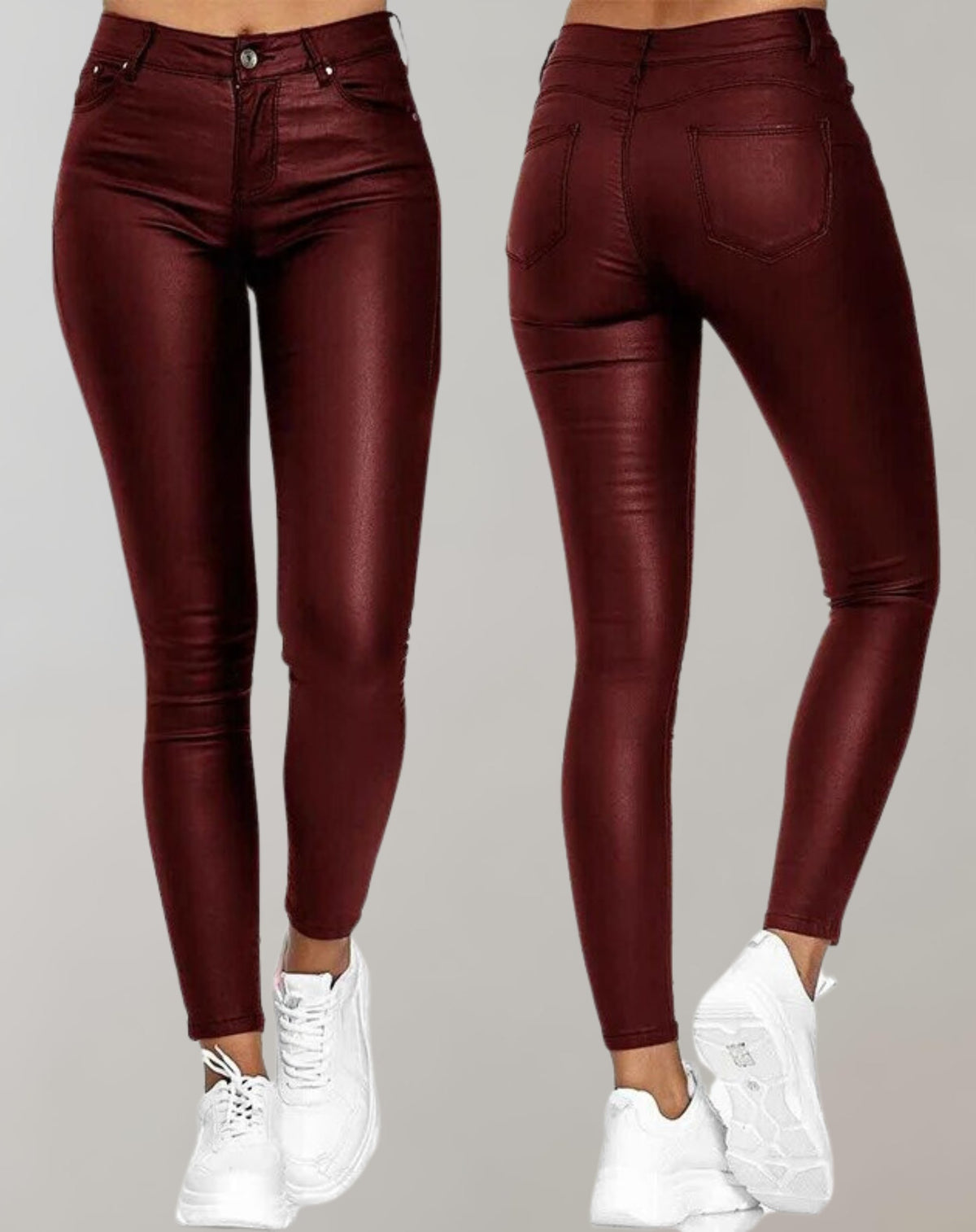 Women's Faux Leather Skinny High-Waisted Trousers - Red