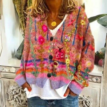 Women's Chunky Floral Wool V-Neck Cardigan - Pink Flowers