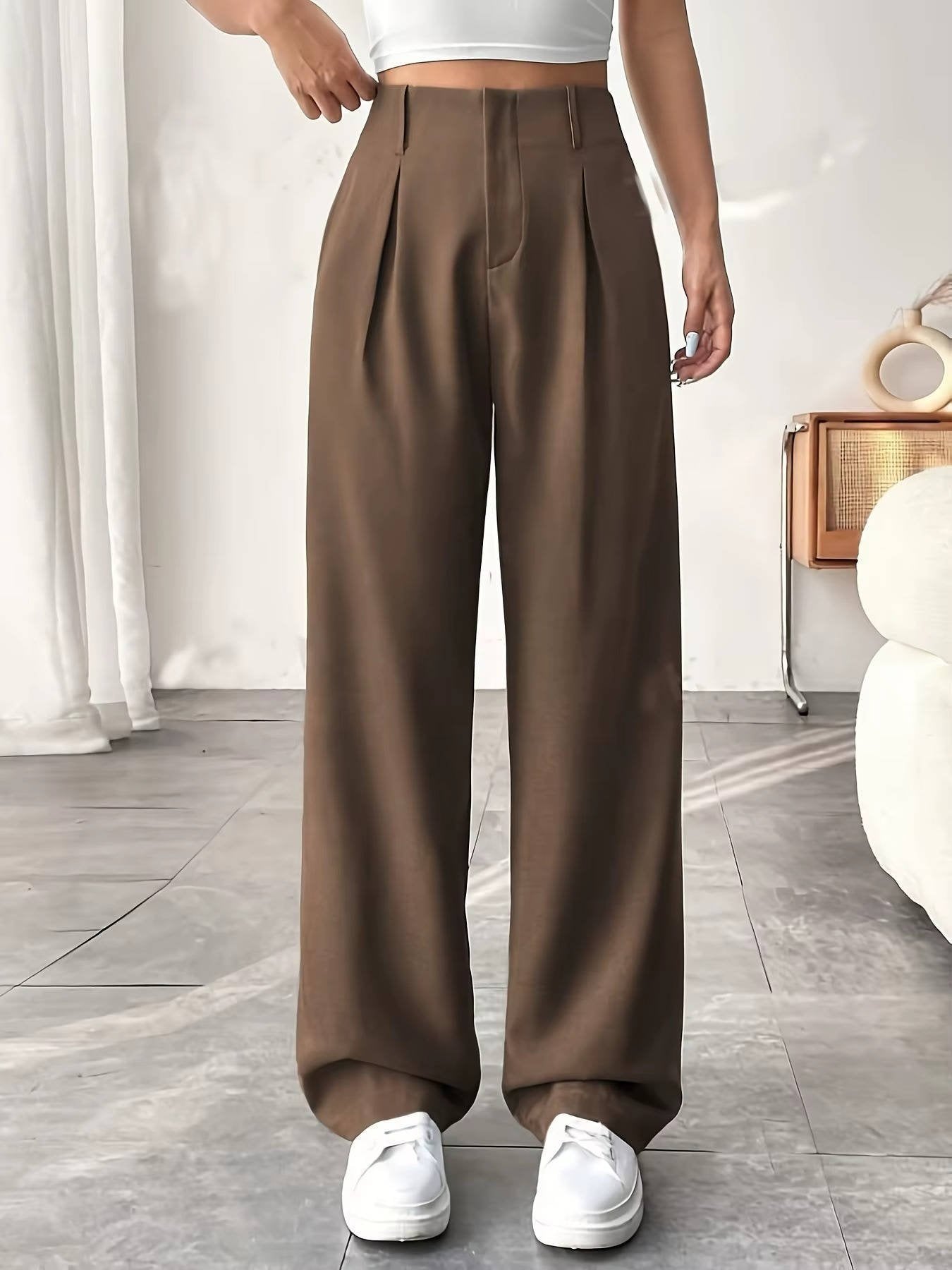 Women's High-Waisted Pleated Wide-Leg Trousers - Coffee