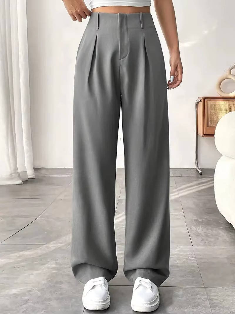 Women's High-Waisted Pleated Wide-Leg Trousers - Light Gray