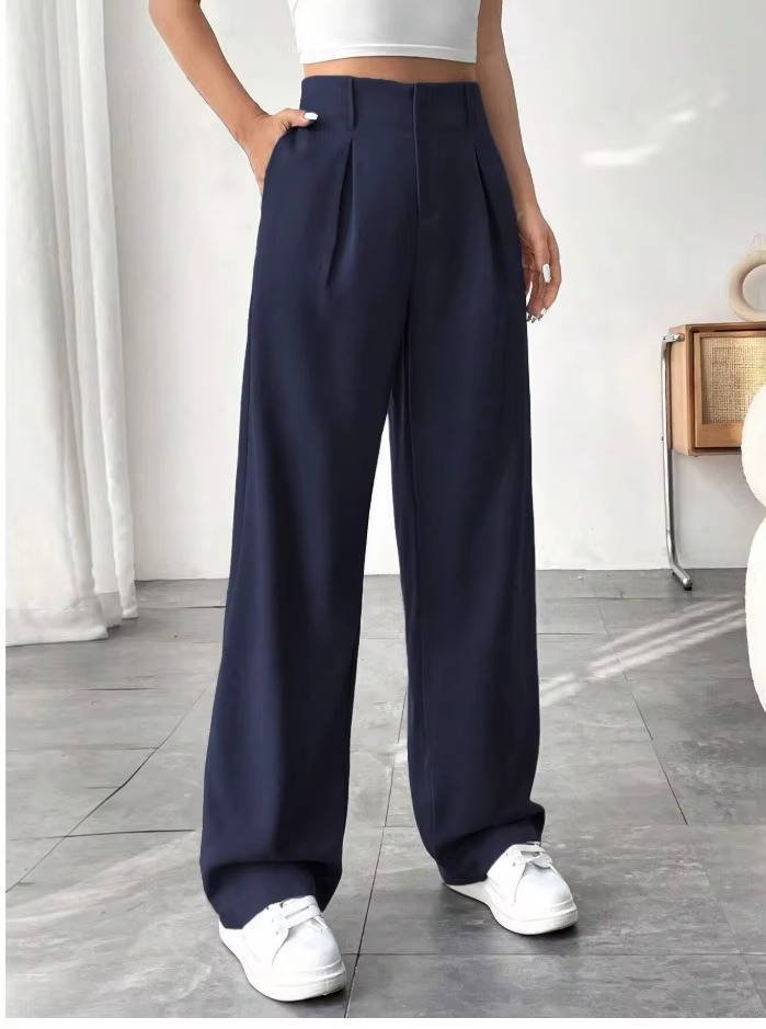 Women's High-Waisted Pleated Wide-Leg Trousers - Navy