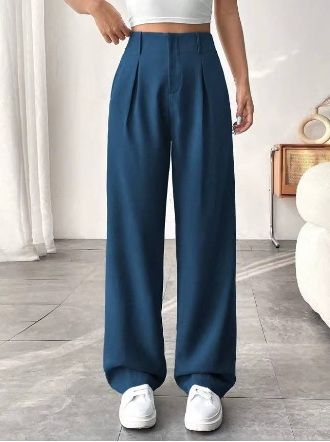Women's High-Waisted Pleated Wide-Leg Trousers - Peacock Blue