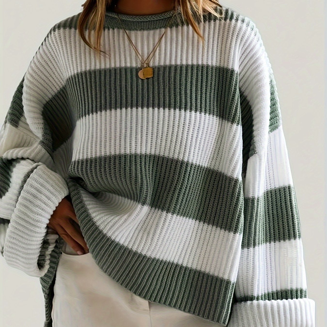 Women's Chunky Oversized Striped Knit Ribbed Jumper - Green
