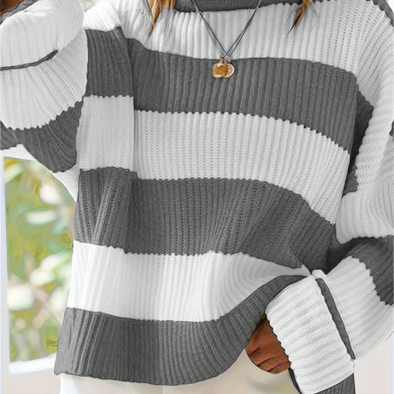 Women's Chunky Oversized Striped Knit Ribbed Jumper - Grey