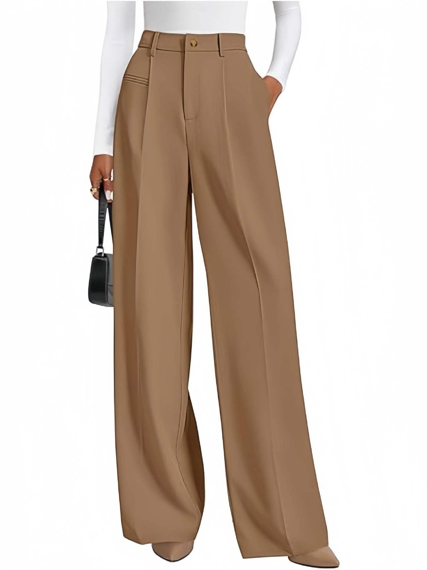 Women's High-Waisted Pleated Wide-Leg Trousers - Khaki