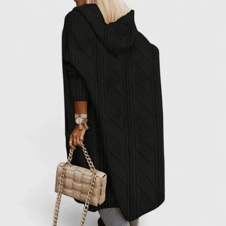 Women's Oversized Cardigan Cable Knit Longline Hooded Coat - Black