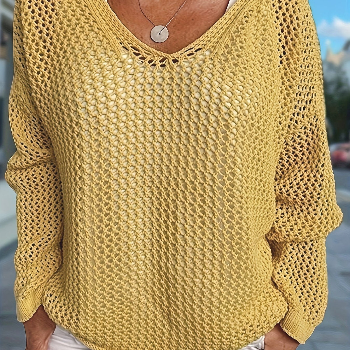 Women's Oversized V-Neck Hooded Jumper - Yellow