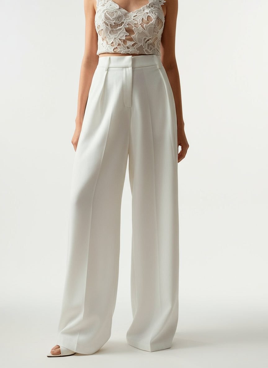 Women's High-Waisted Tailored Pleated Wide-Leg Trousers - White