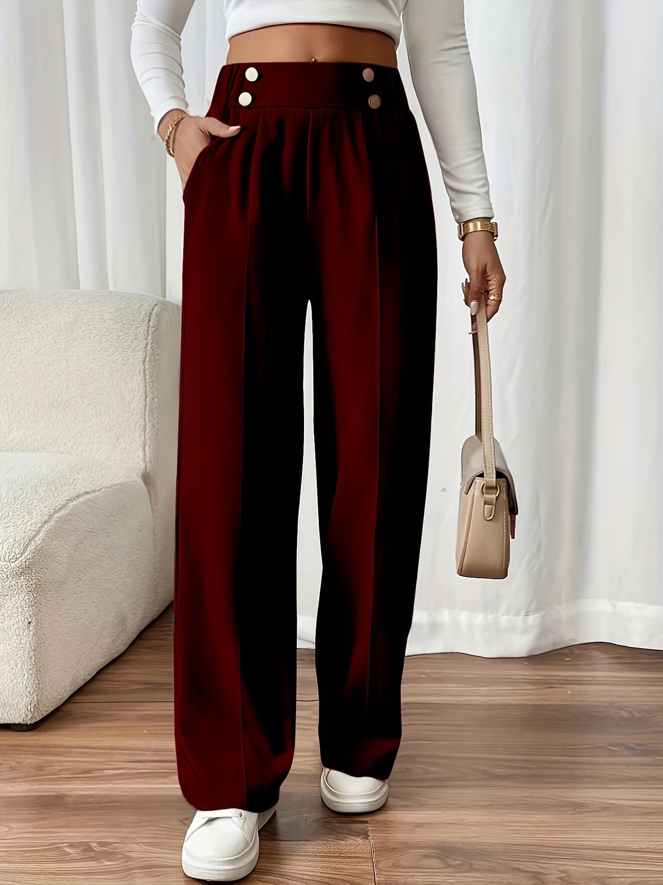 Women's Black Work High-Waisted Tailored Pleated Wide-Leg Trousers - Burgundy