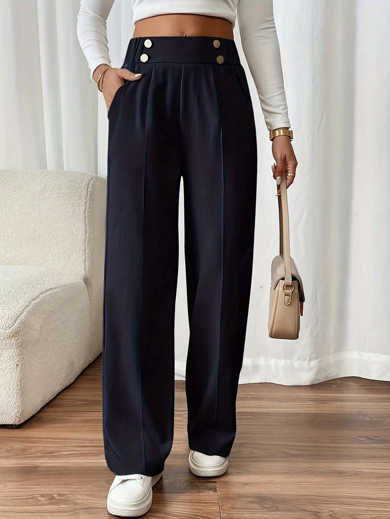 Women's Black Work High-Waisted Tailored Pleated Wide-Leg Trousers - Navy Blue