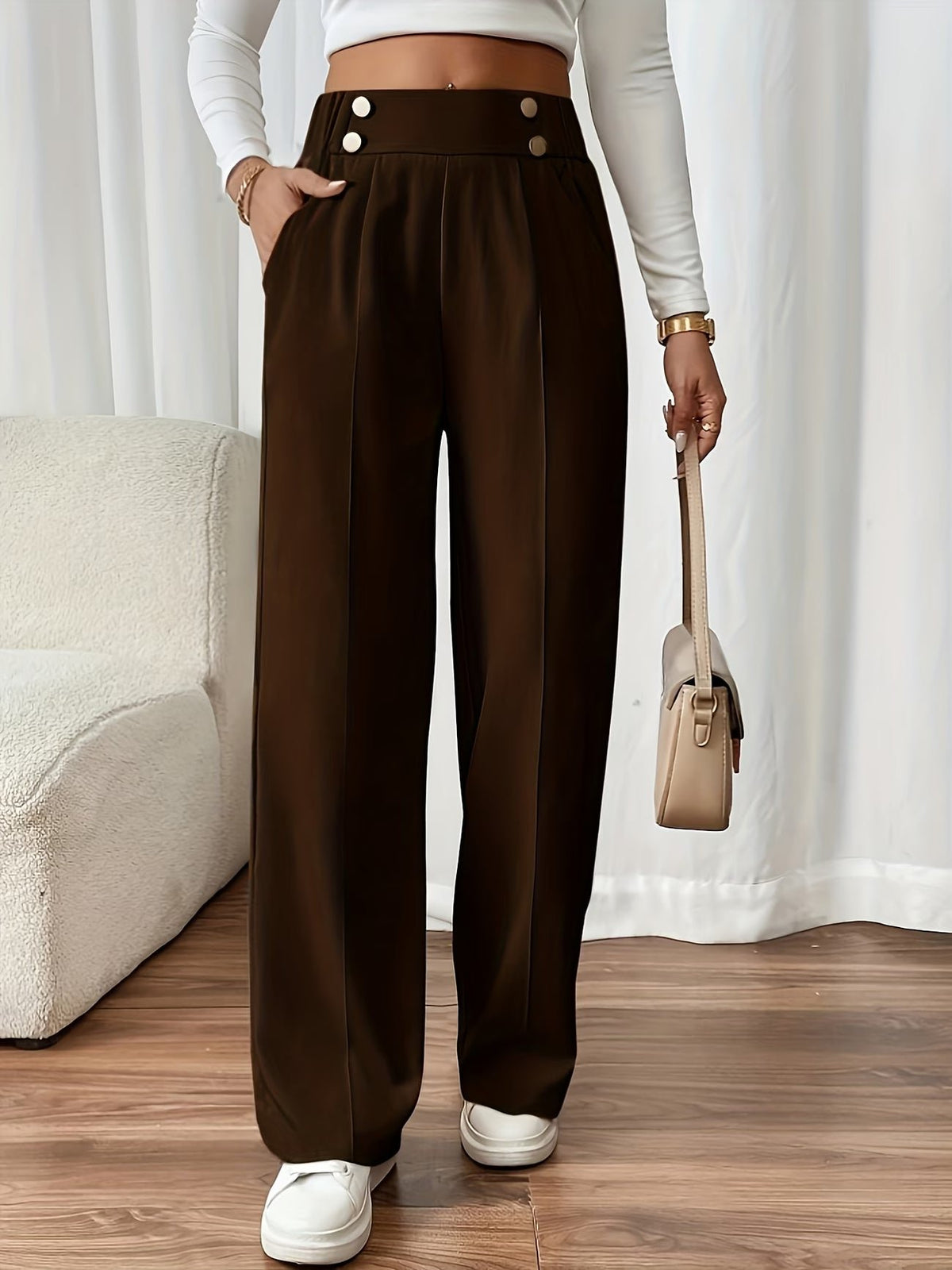 Women's Black Work High-Waisted Tailored Pleated Wide-Leg Trousers - Brown