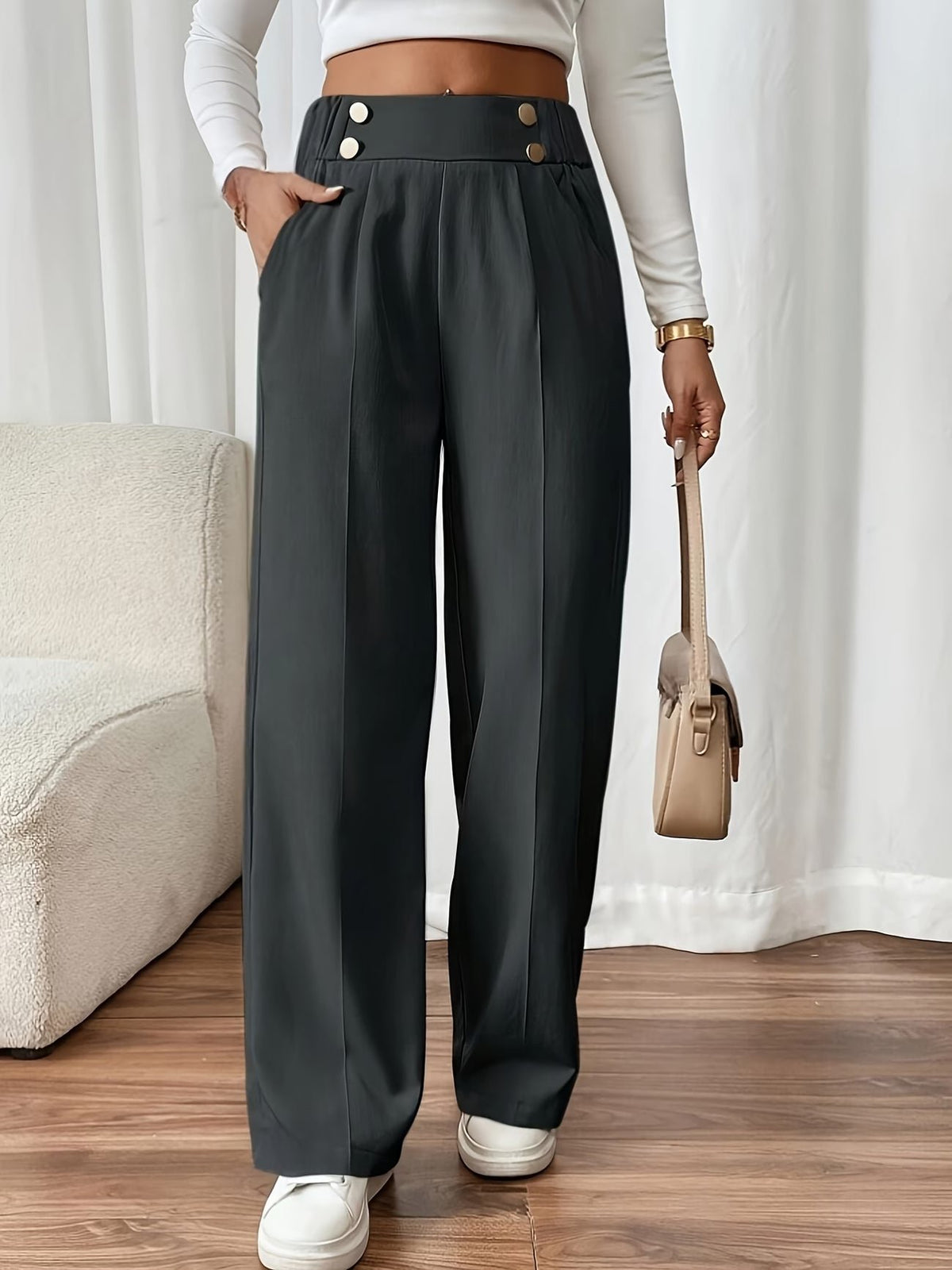 Women's Black Work High-Waisted Tailored Pleated Wide-Leg Trousers - Grey