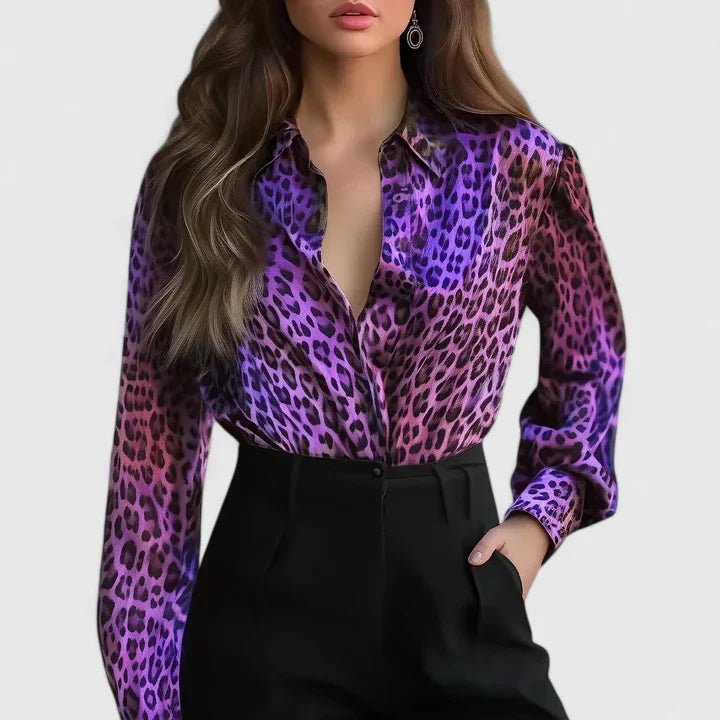 Women's Leopard Satin Long Sleeve Blouse - Purple