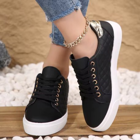 Women's Faux Leather Platform Lace-Up Trainers - Black