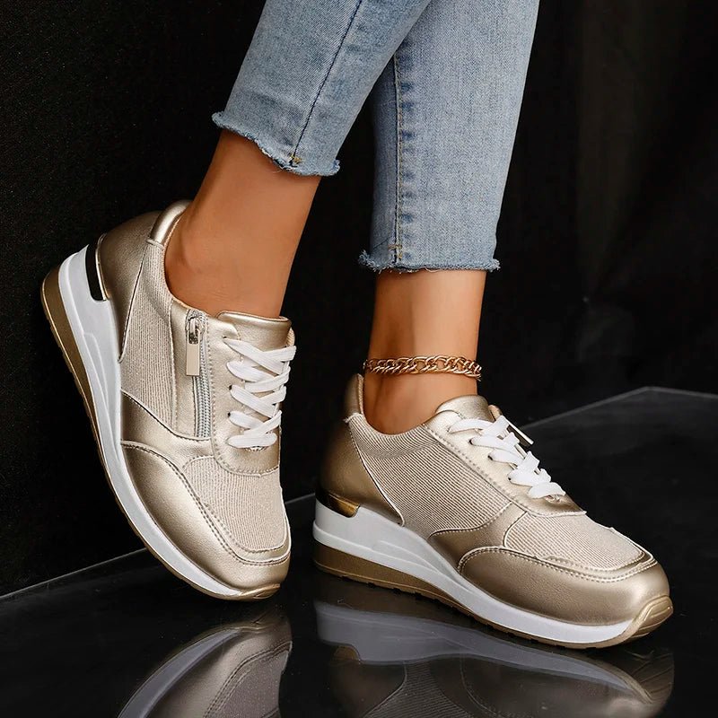 Women's Wedge Platform Lace-Up Leather Trainers - Gold