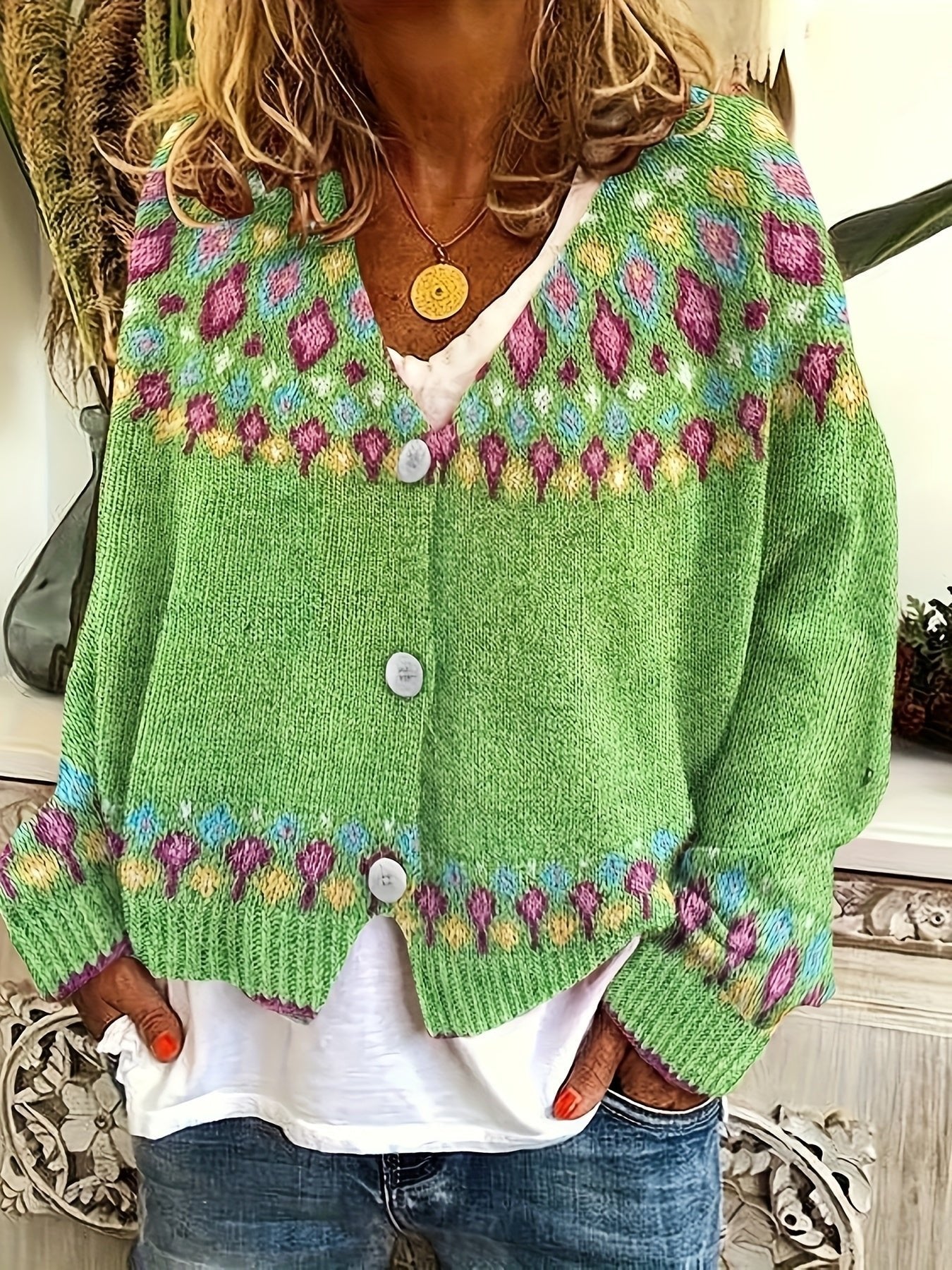 Women's Oversized Floral Christmas V-Neck Cardigan