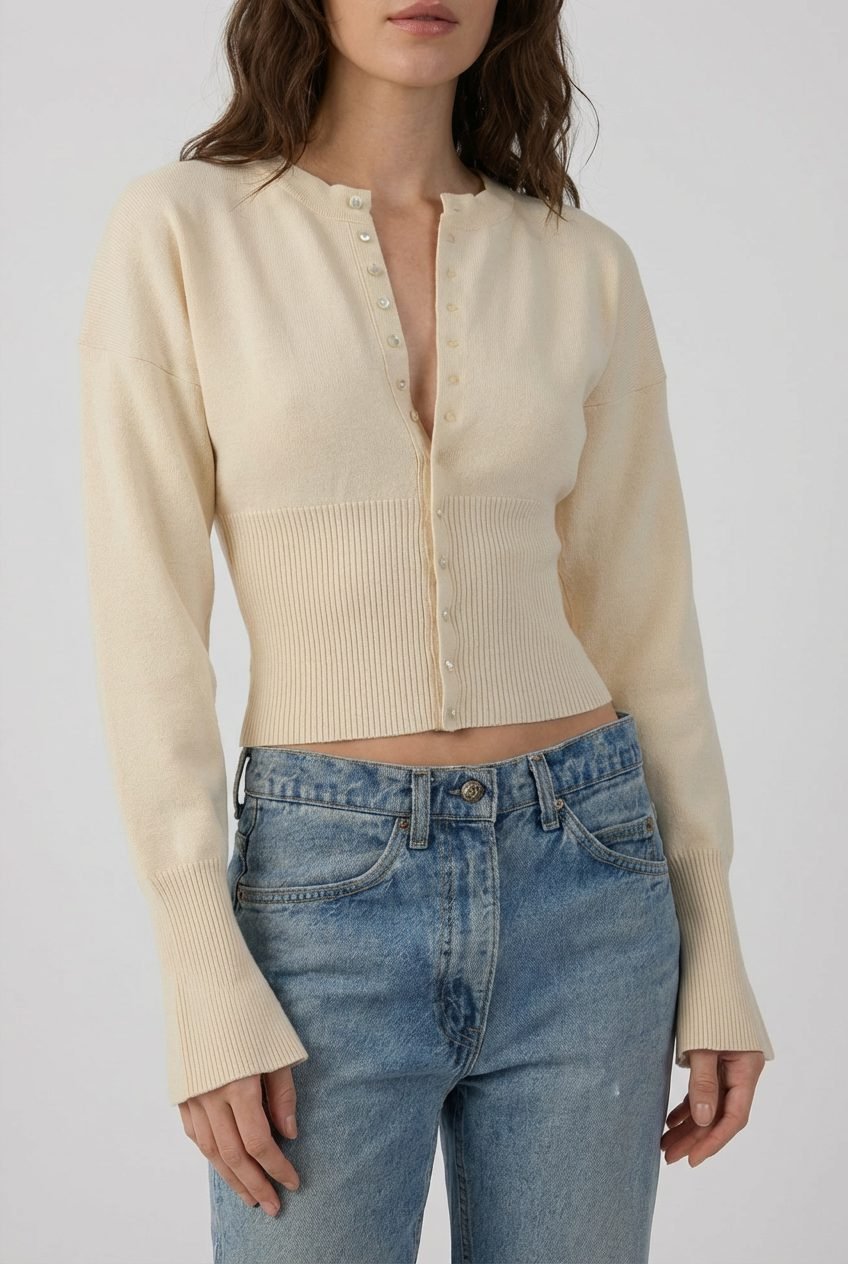 Women's Cropped Ribbed Cardigan - Beige