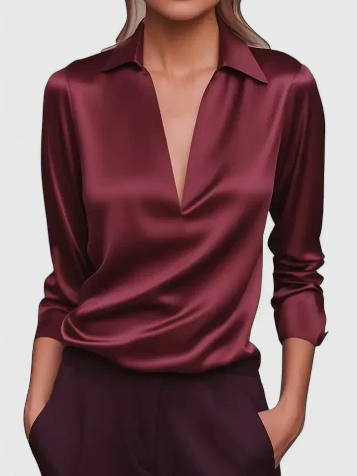 Women's V-Neck Satin Long Sleeve Blouse - Burgundy