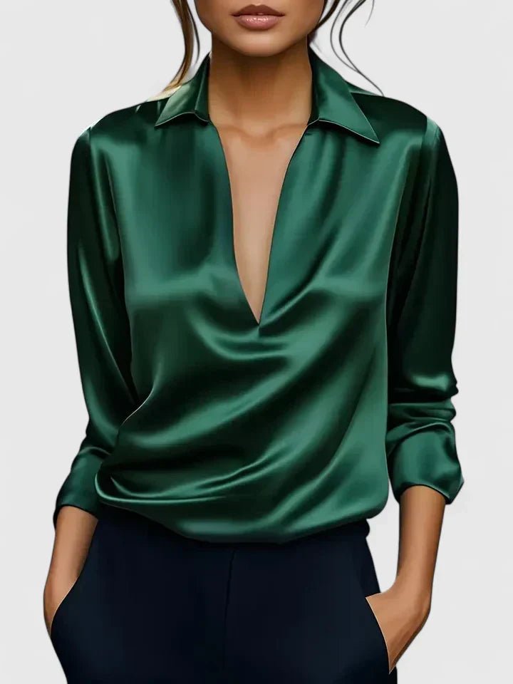 Women's V-Neck Satin Long Sleeve Blouse - Green