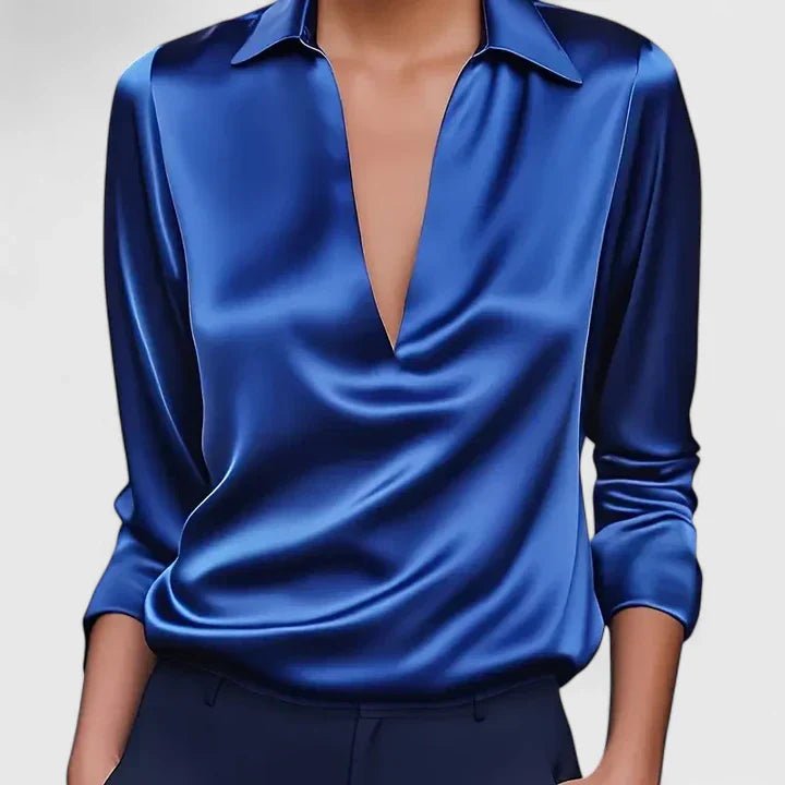 Women's V-Neck Satin Long Sleeve Blouse - Blue