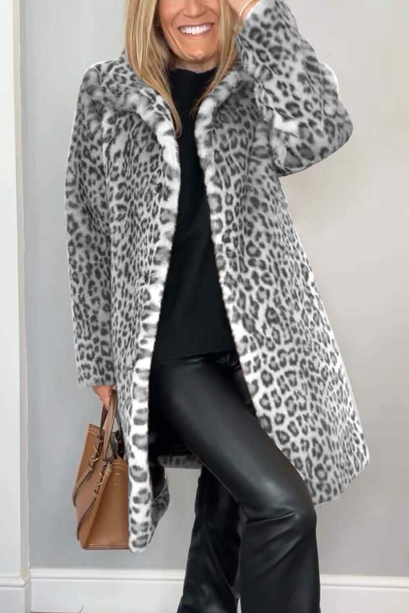 Women's Leopard Print Longline Faux Fur Coat - White