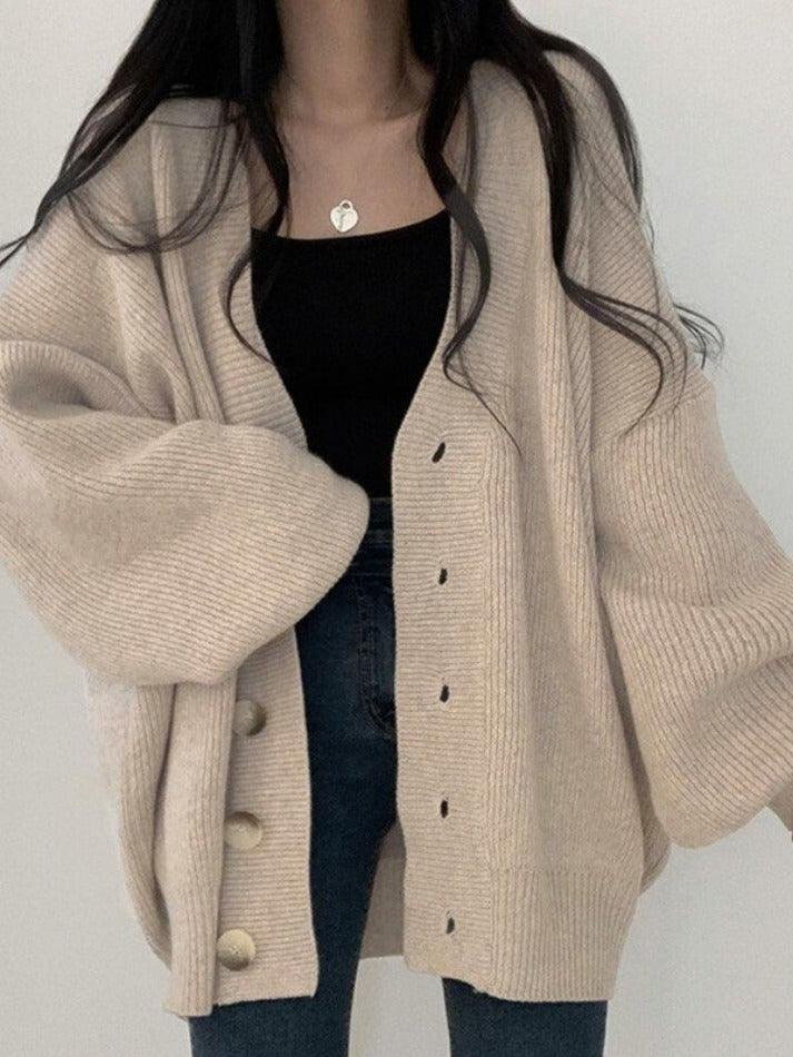 Women's Oversized Knit Ribbed V-Neck Cardigan
