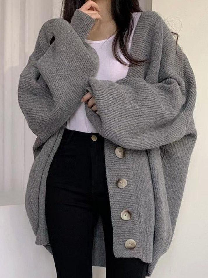 Women's Oversized Knit Ribbed V-Neck Cardigan