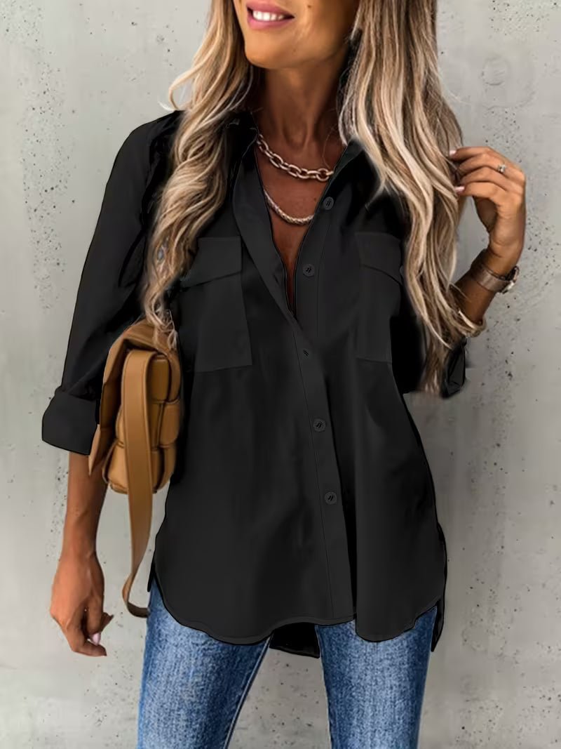 Women's Cotton Utility Long Sleeve Blouse - Black