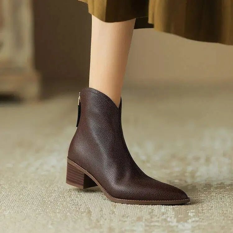 Women's Leather Pointed-Toe Ankle Boots - Brown
