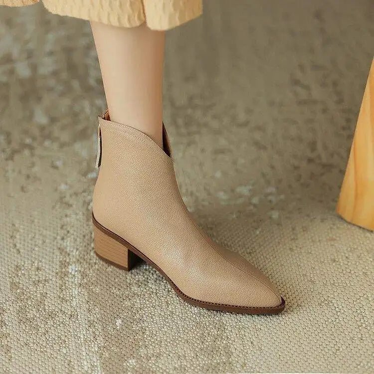 Women's Leather Pointed-Toe Ankle Boots - Beige