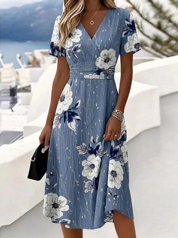 Women's V-Neck Satin Wrap Midi Dress - Blue