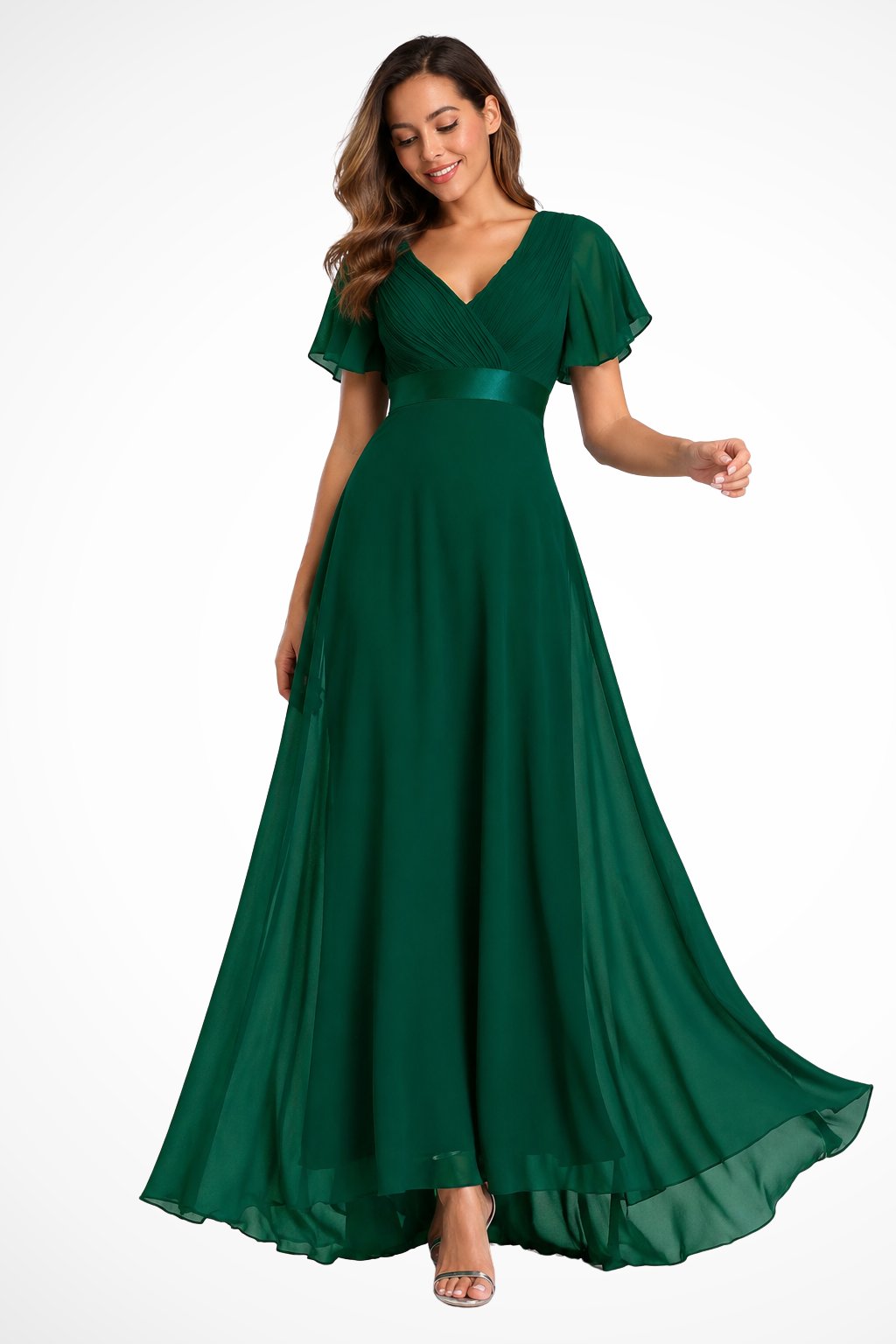 Women's Black Chiffon V-Neck Evening Maxi Party Gown - Dark Green