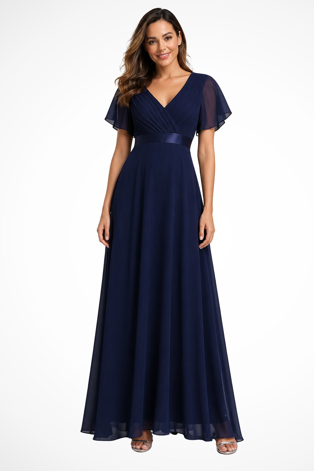 Women's Black Chiffon V-Neck Evening Maxi Party Gown - Navy Blue