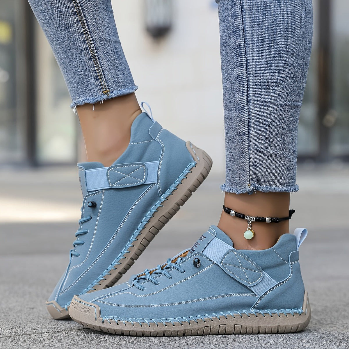Women's Low-Top Slip-On Leather Trainers - Mineral Blue