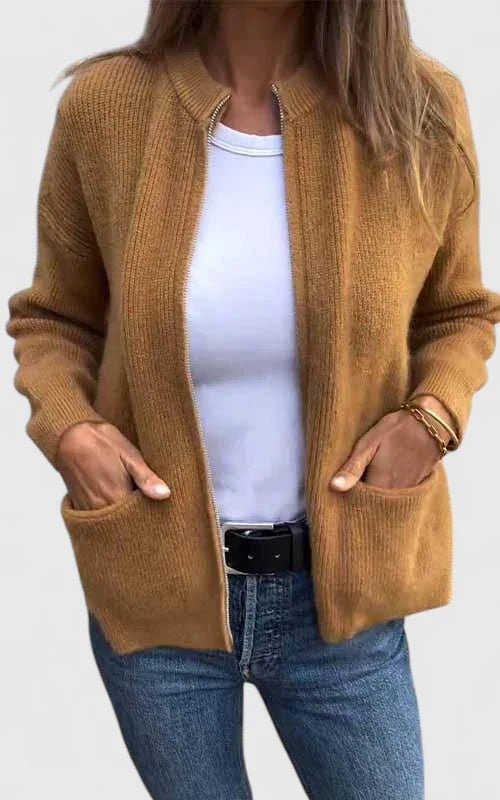 Women's Chunky Knit Bomber Cardigan - Brown