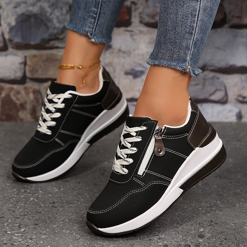 Women's Faux Leather Wedge Lace-Up Platform Trainers - Black