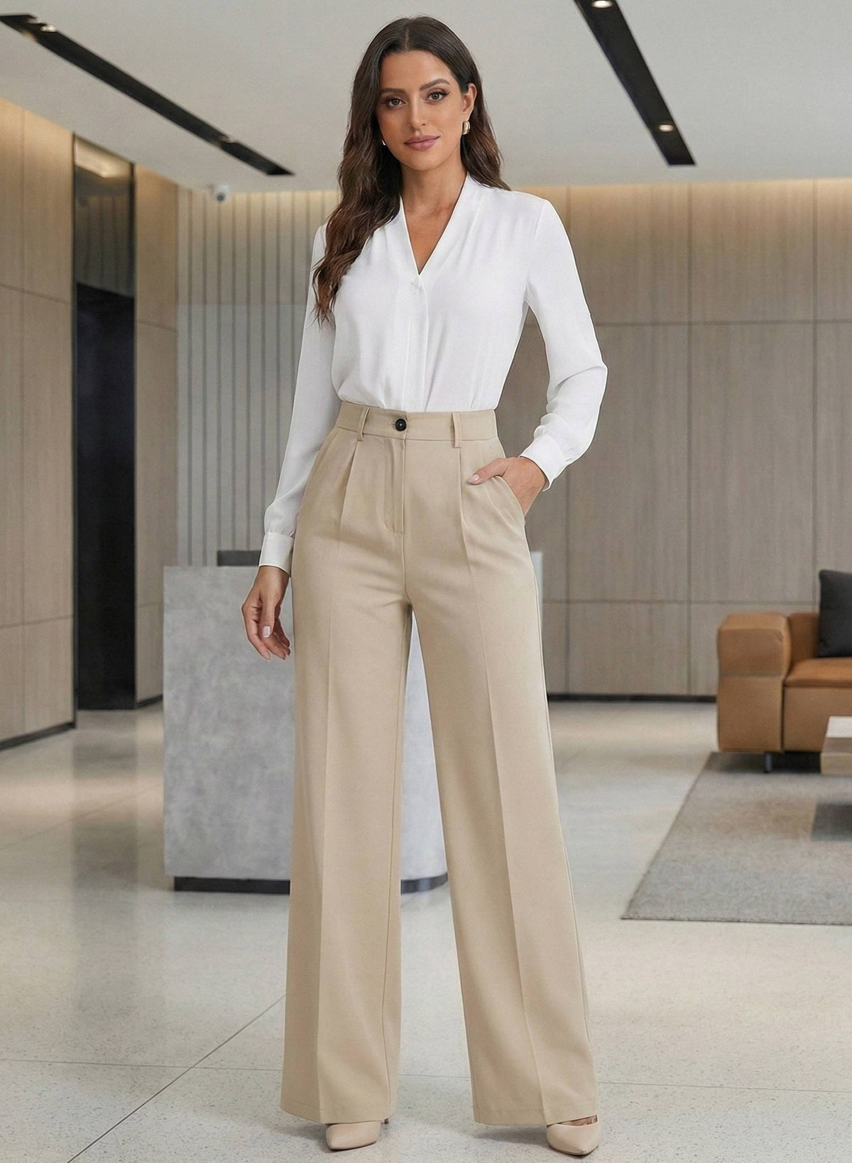 Women's Work High-Waisted Tailored Pleated Wide-Leg Trousers - Khaki