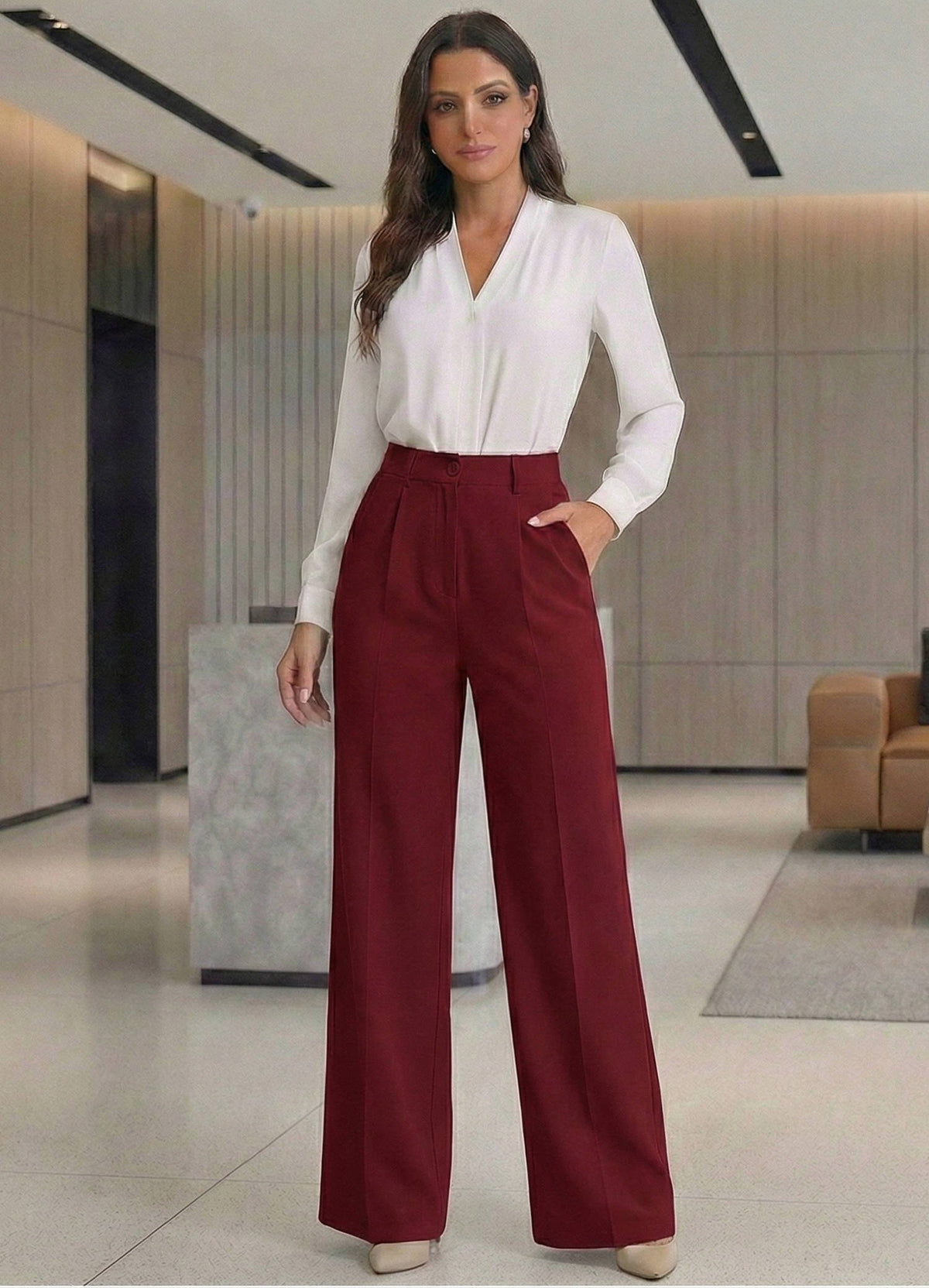 Women's Work High-Waisted Tailored Pleated Wide-Leg Trousers - Burgundy