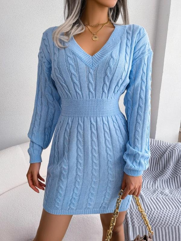 Women's Chunky Bodycon Cable Knit V-Neck Mini Jumper Dress - Blue