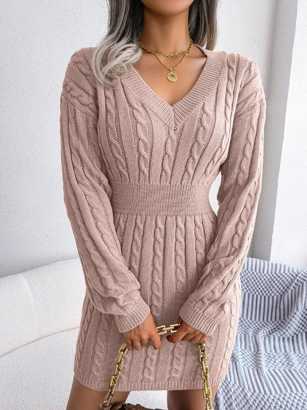 Women's Chunky Bodycon Cable Knit V-Neck Mini Jumper Dress - Pink