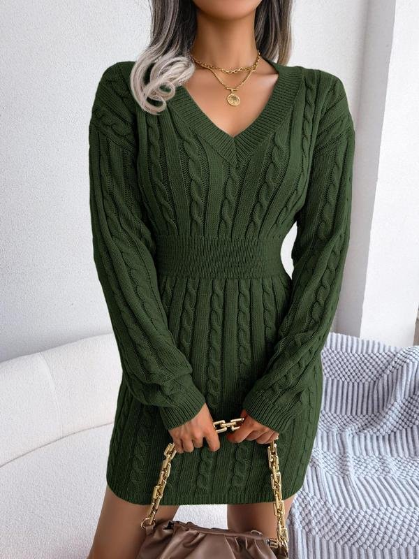 Women's Chunky Bodycon Cable Knit V-Neck Mini Jumper Dress - Army green